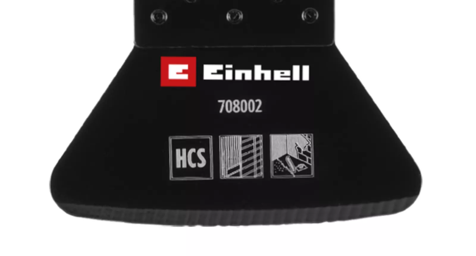 Nahaufnahme eines starren Einhell Schabers mit Produktnummer, HCS-Piktogramm sowie Symbolen zur Eignung für hartnäckige Rückstände wie Kleber- oder Silikonreste.