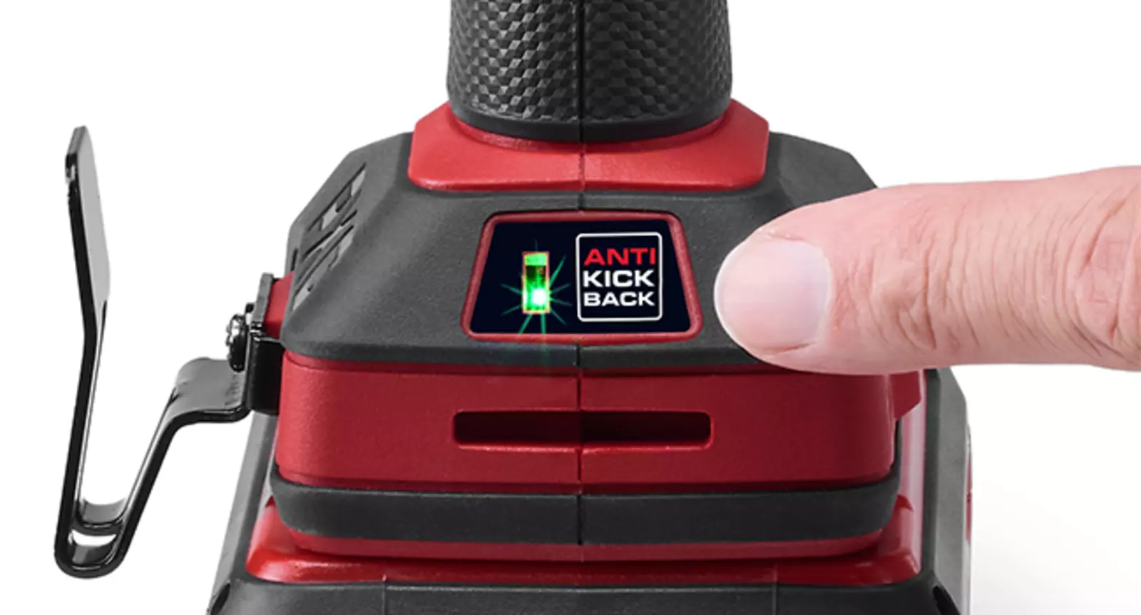 The Einhell Professional cordless impact drill TP-CD 18/70-C Li-i BL Solo with Anti-Kickback sensor activated.