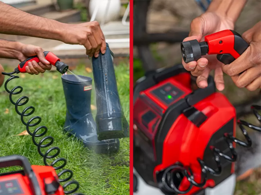 The Einhell cordless pressure cleaner TE-HP 18/10 Li D-Solo cleans a rubber boot; alongside, the 3-in-1 nozzle is being adjusted.
