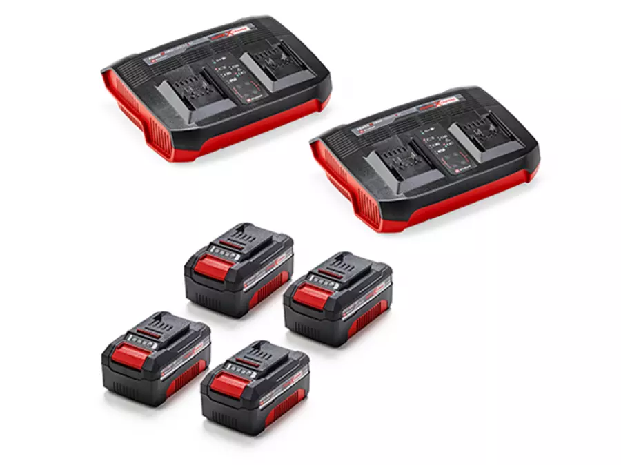 Cuatro baterías Einhell Power X-Change y dos cargadores Twincharger como accesorios para el cortacésped inalámbrico GP-CM 36/47 S HW Li.