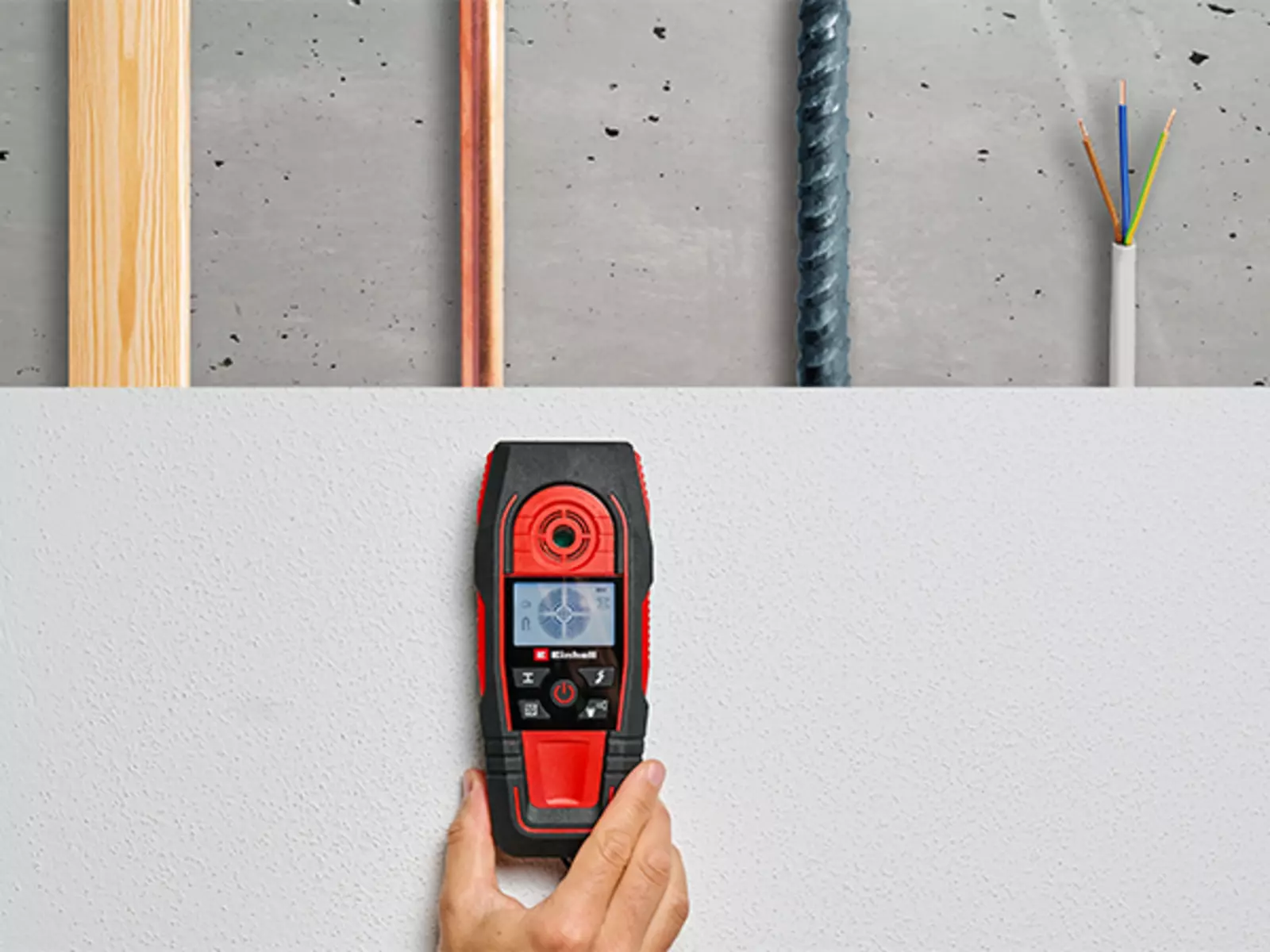 The Einhell TE-MD 80 digital detector can detect wood, copper pipes, metal reinforcements and power cables inside walls.