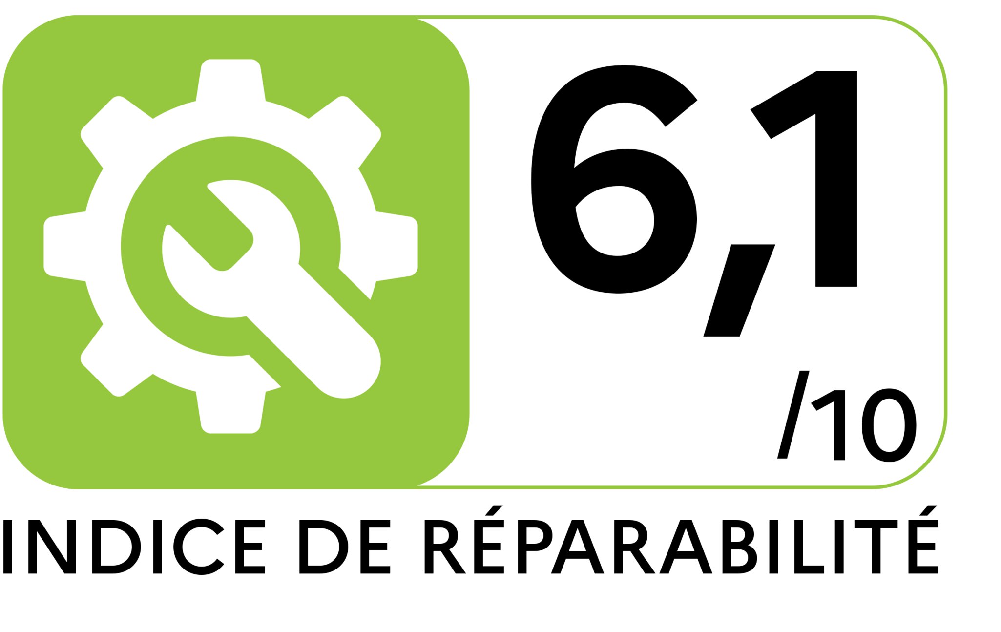 Repairability index logo with a white gear and wrench on a green background, next to a score on a scale from 1 to 10. The repairability index amounts 6,1.
