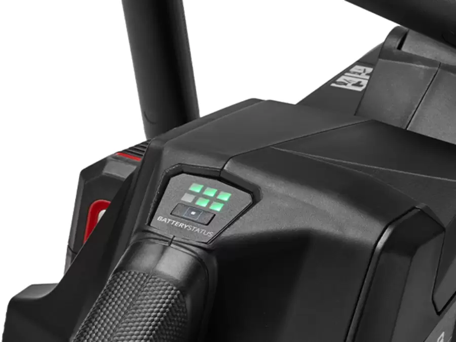 Close-up of the handle and battery charge indicator on the Einhell Professional 36V Brushless 400mm Chainsaw.