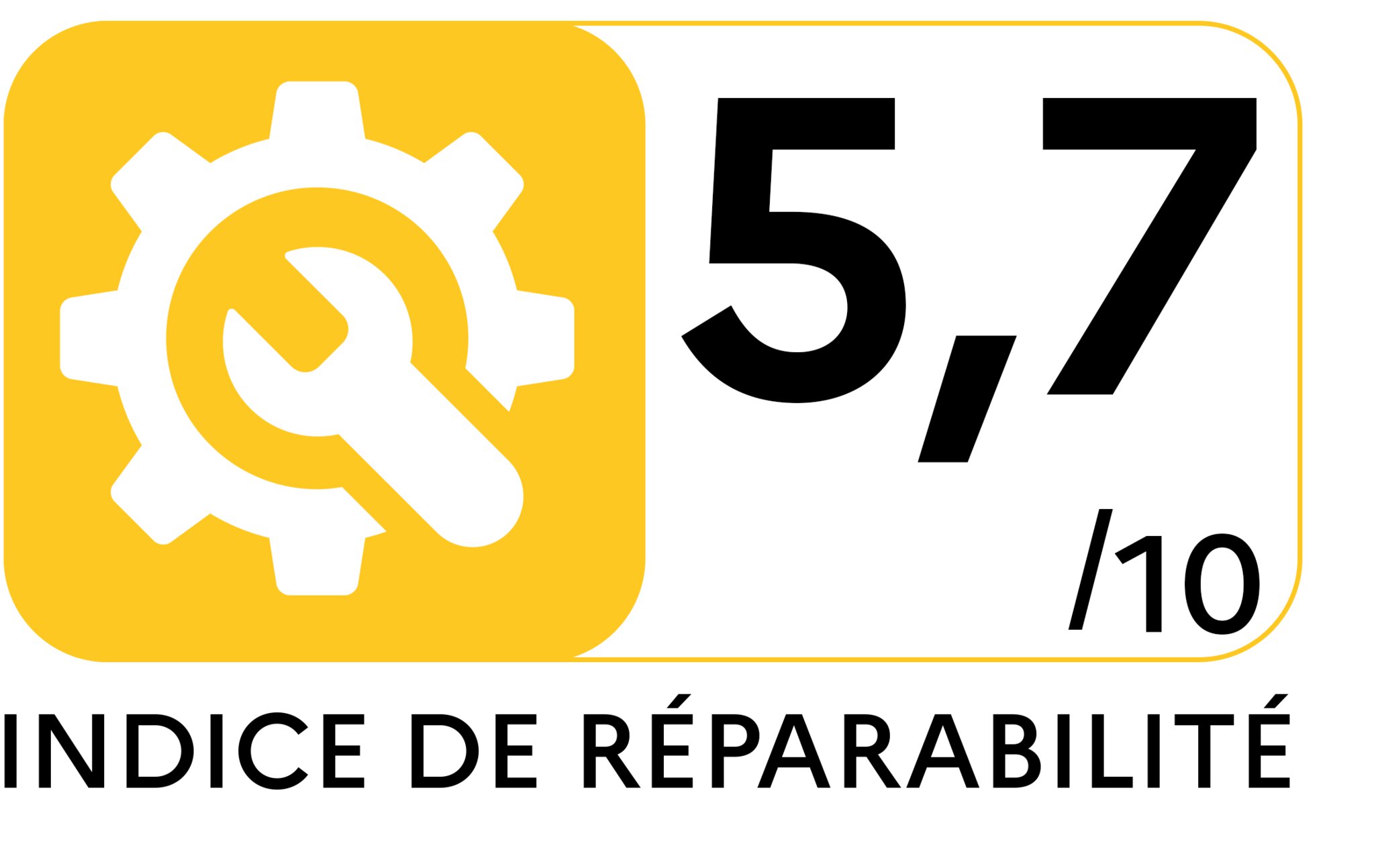 Logo de l'indice de réparation avec une roue dentée blanche et une clé à molette sur fond vert, à côté d'une note sur une échelle de 1 à 10. L'indice de réparation est de 5,7.