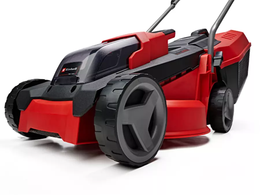 The Einhell cordless lawn mower GE-CM 18/30 Li (1x3.0Ah) in a side view on a white background.
