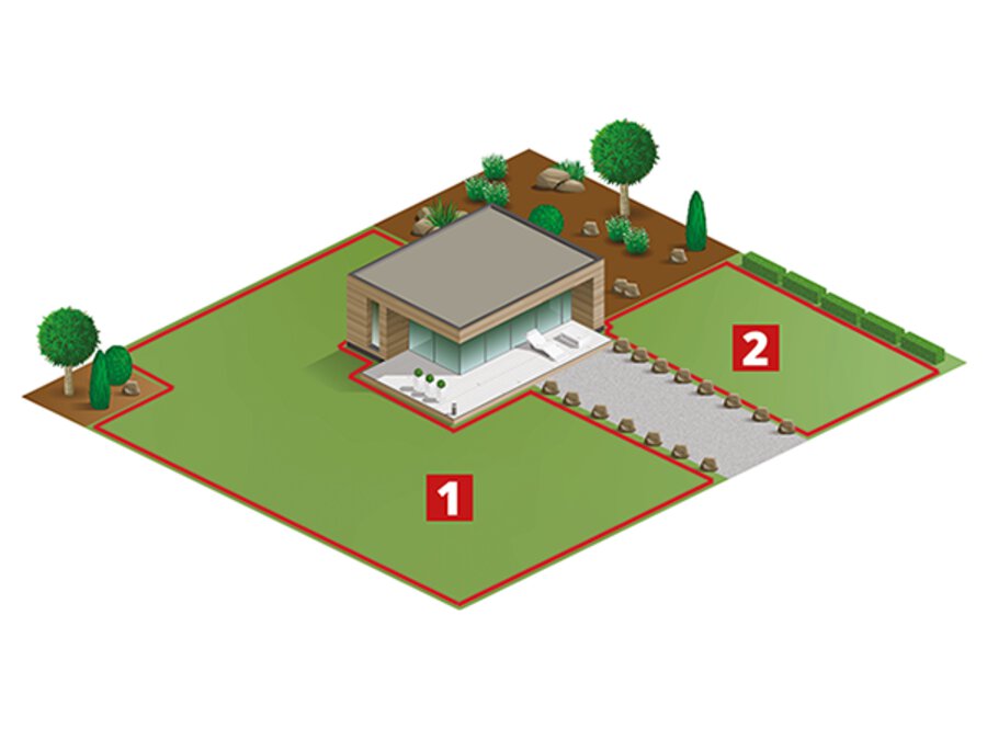Gráfico sobre la función Second-Area-Mowing del Einhell robot cortacésped FREELEXO 1000 con dos superficies de césped separadas.