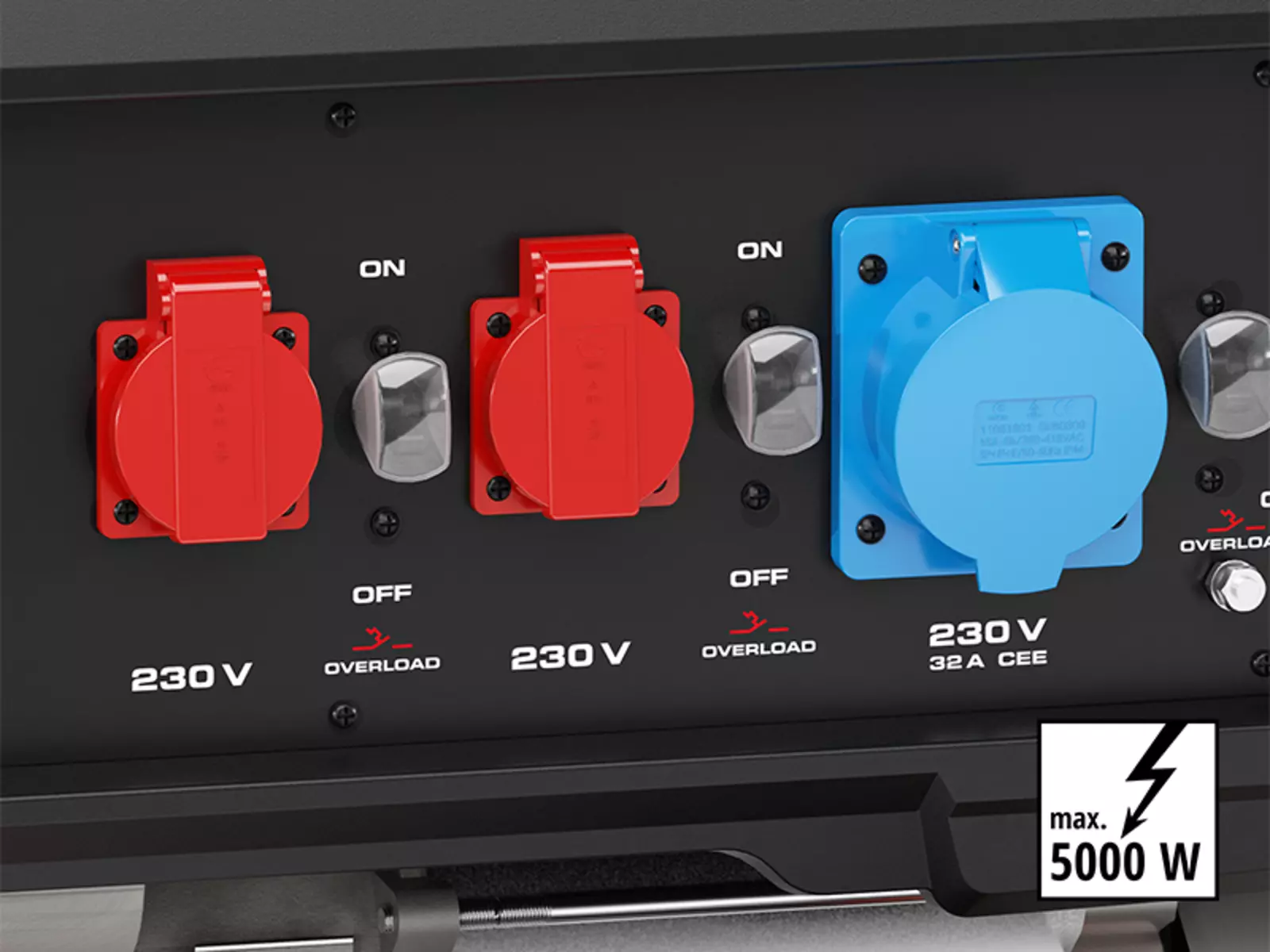 Primo piano delle prese di corrente del generatore Einhell TC-PG 5000. Testo nell'immagine: «max. 5000 W».