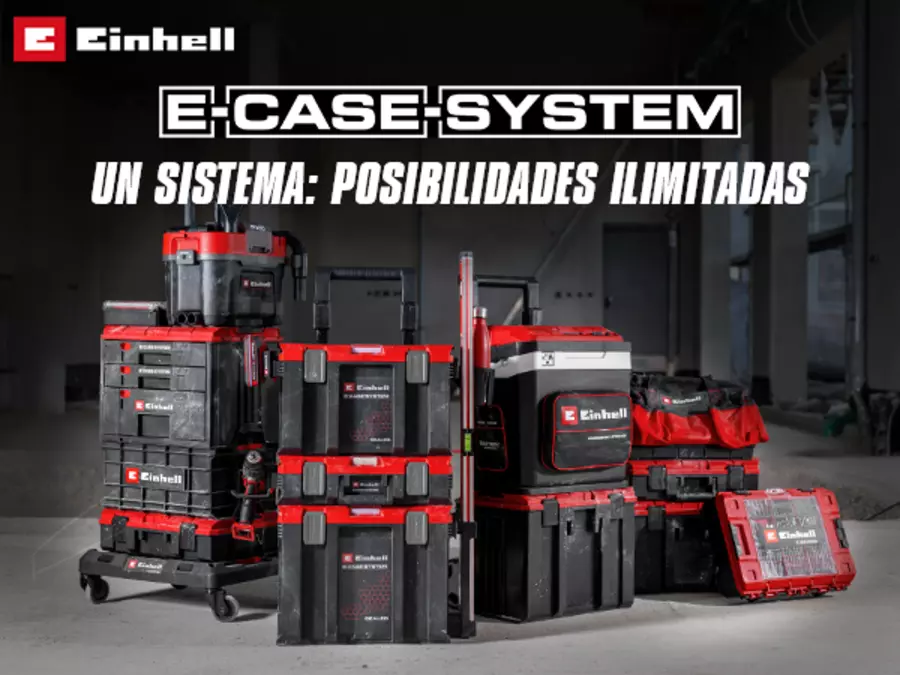 Sistema Einhell E-Case con varias maletas apiladas y accesorios, texto “E-CASE SYSTEM – UN SISTEMA - POSIBILIDADES ILIMITADAS”.
