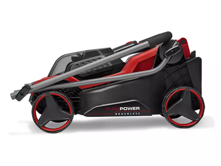 The Einhell cordless lawn mower GE-CM 18/30-1 Li BL-Solo with folded guide bar for space-saving storage.