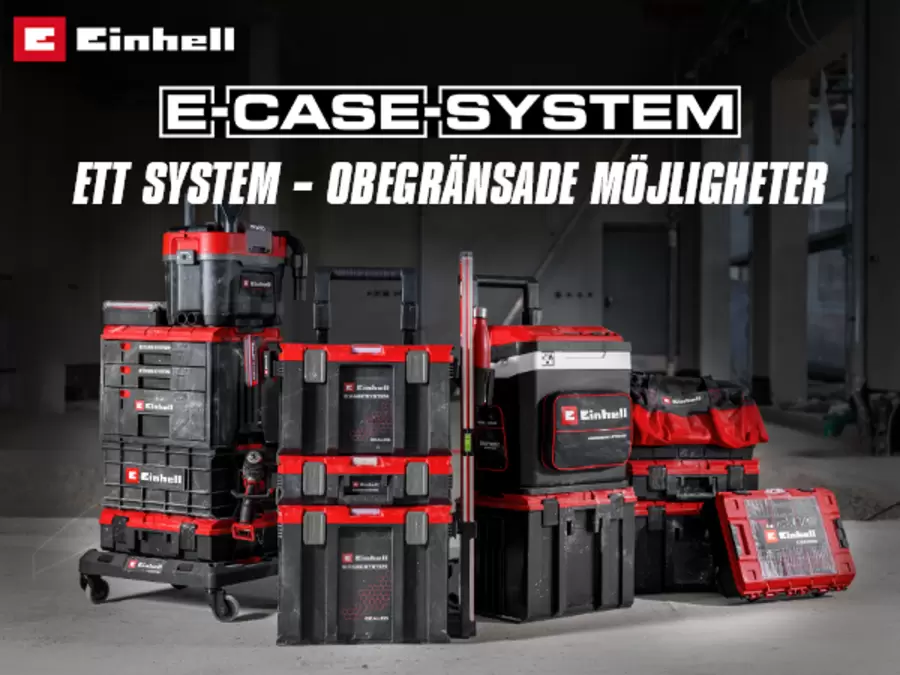 Einhell E-Case System med flera staplade lådor och tillbehör, text “E-CASE SYSTEM – ETT SYSTEM - OBEGRÄNSADE MÖJLIGHETER”.