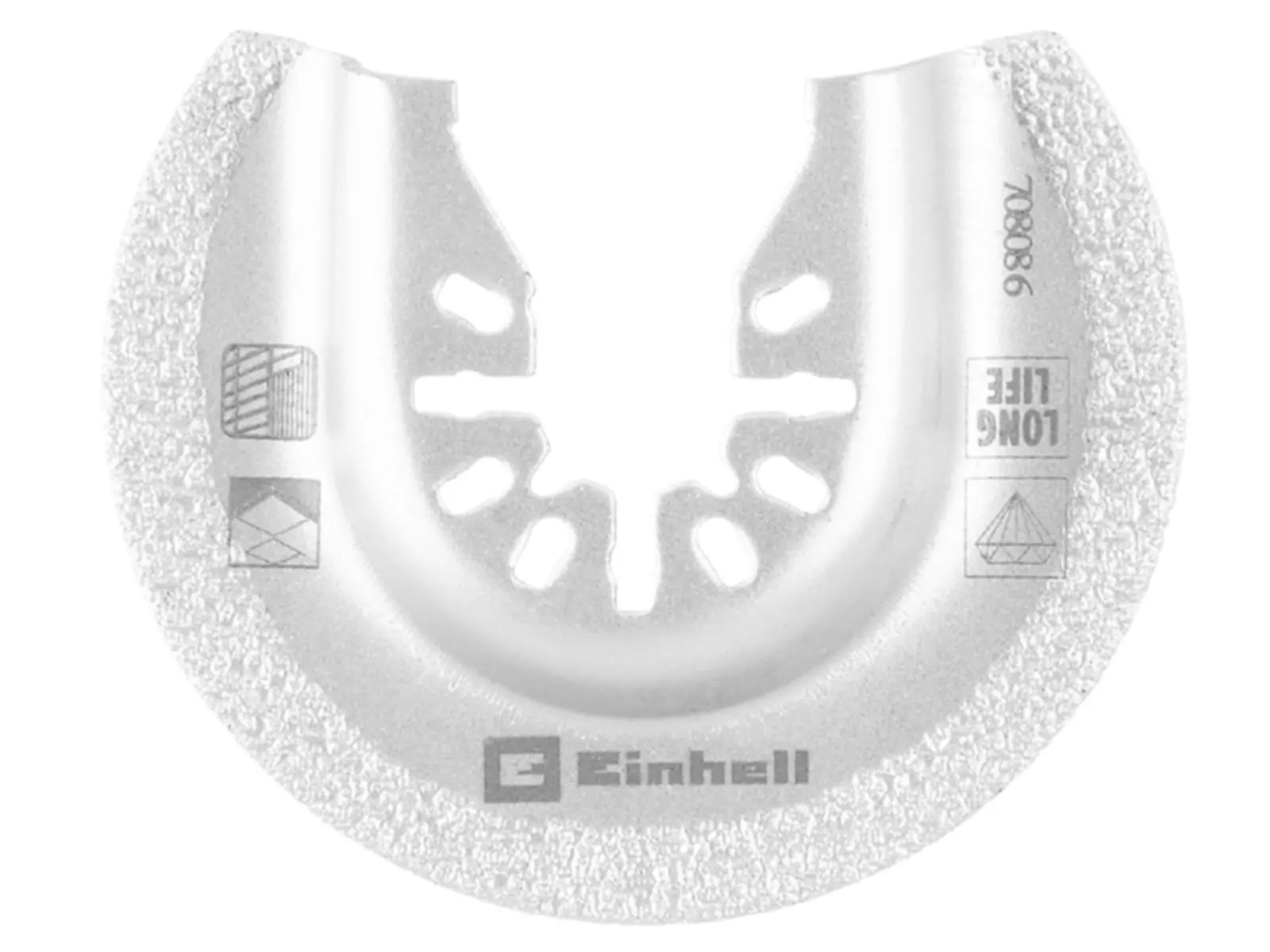 Halbrundes, diamantbeschichtetes Sägeblatt von Einhell für Multifunktionswerkzeuge mit sichtbaren Piktogrammen für Fliesenbearbeitung, Diamantbeschichtung und lange Lebensdauer.