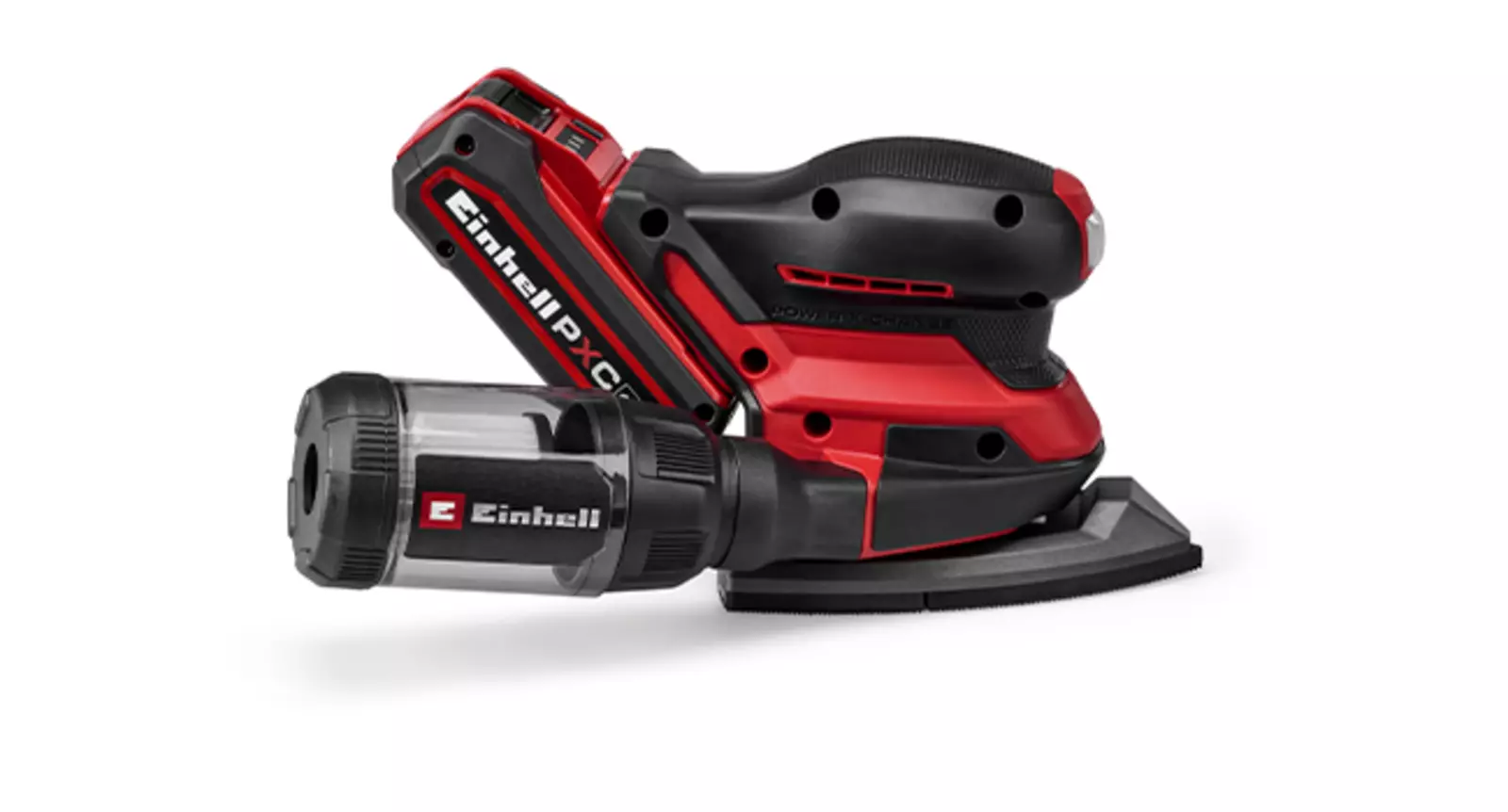 The Einhell cordless multi sander TE-OS 18/150-2 Li with dust collection box on a white background.