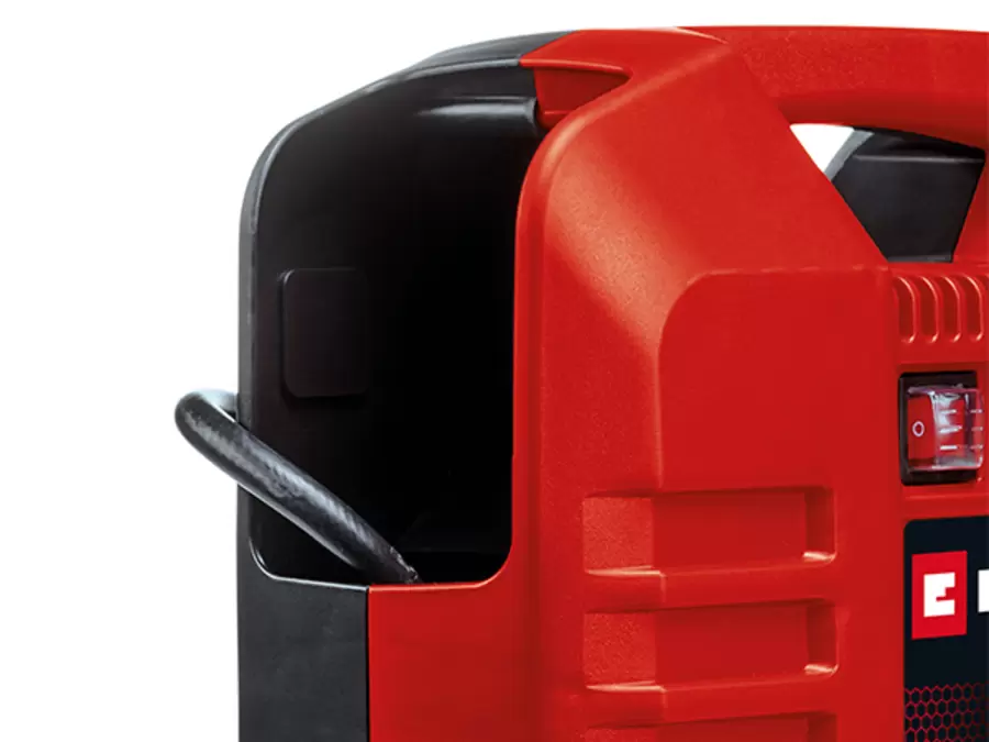 The Einhell case compressor TC-AC 190 OF Set with a side compartment for storing the compressed air hose.