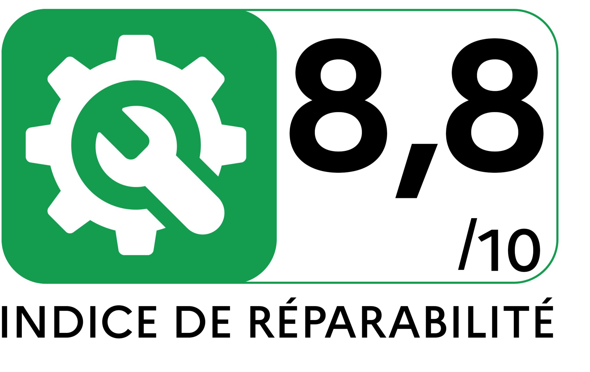 Logo de l'indice de réparation avec une roue dentée blanche et une clé à molette sur fond vert, à côté d'une note sur une échelle de 1 à 10. L'indice de réparation est de 8,8.