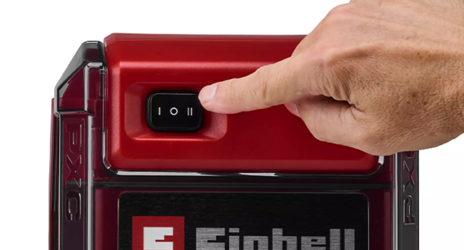 Close-up of a finger selecting one of the two power modes on the Einhell battery box.