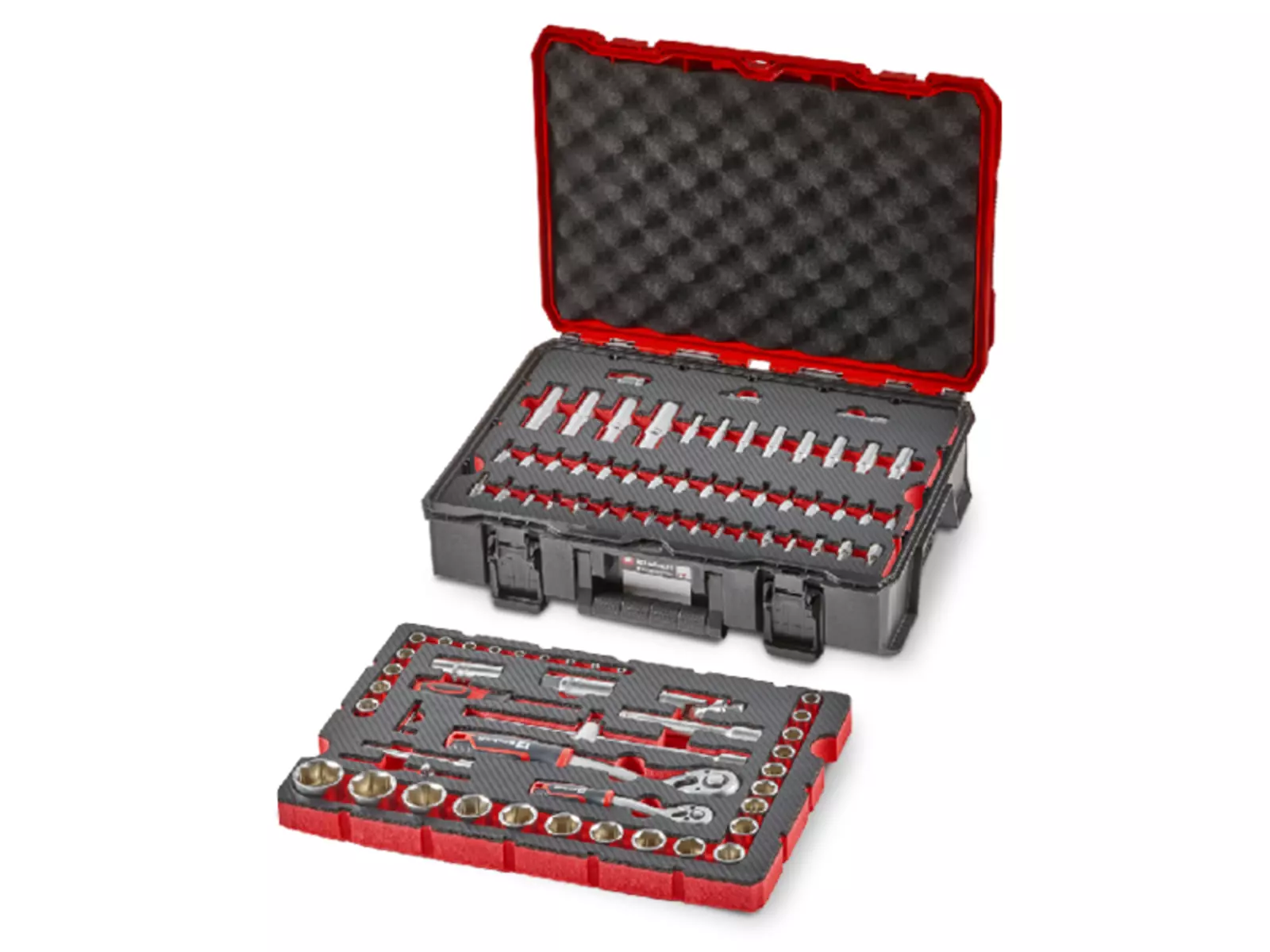 Opened Einhell tool case with 92 parts in foam insert; visible sockets, bits, ratchets and accessories in two layers.
