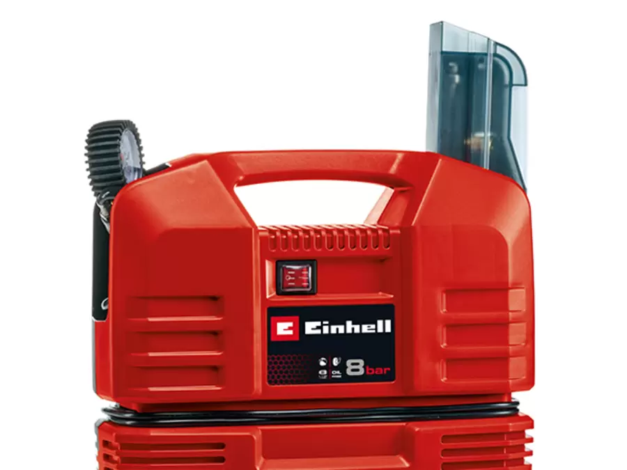 The Einhell case compressor TC-AC 190 OF Set with compressed air hose and accessories stored at the sides.