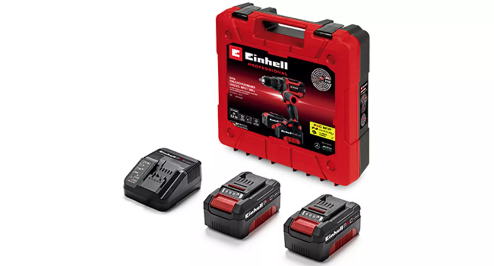 Set consisting of two Einhell Power X-Change batteries, a Charger and a red carrying case on a white background.