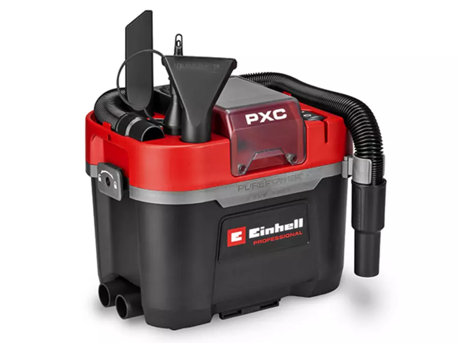 Rear view of the Einhell Cordless Wet/Dry Vacuum Cleaner TP-VC 18/10 Li BL L-Solo with accessory holder for nozzles and tubes.