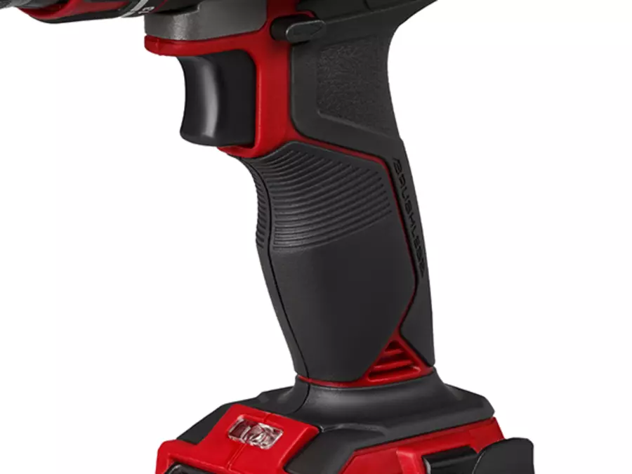 The image shows the handle of the Einhell cordless impact drill driver TP-CD 18/60 Li-i S-F (1x2.0 Ah) with non-slip softgrip.