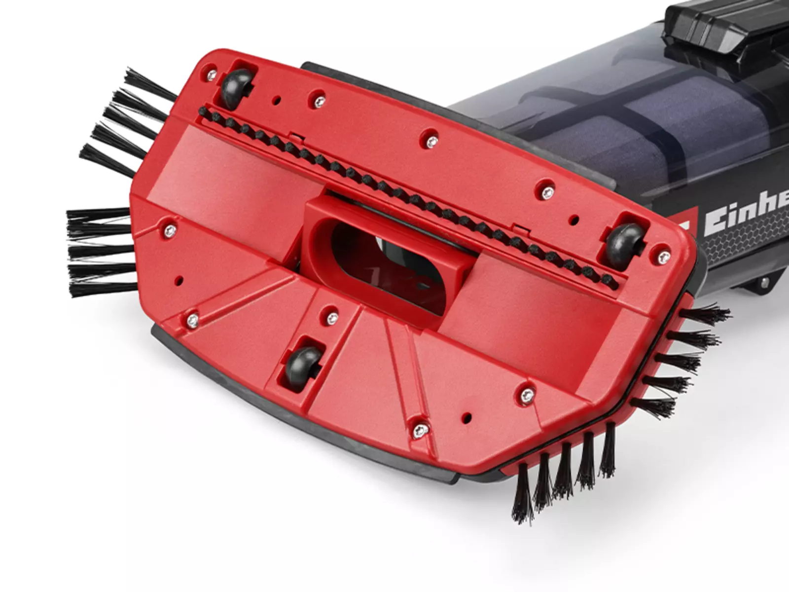 Nahaufnahme der roten Saugplatte des Einhell Akku-Poolsaugers GE-PV 18/42 Li T-Solo mit seitlichen Borsten.