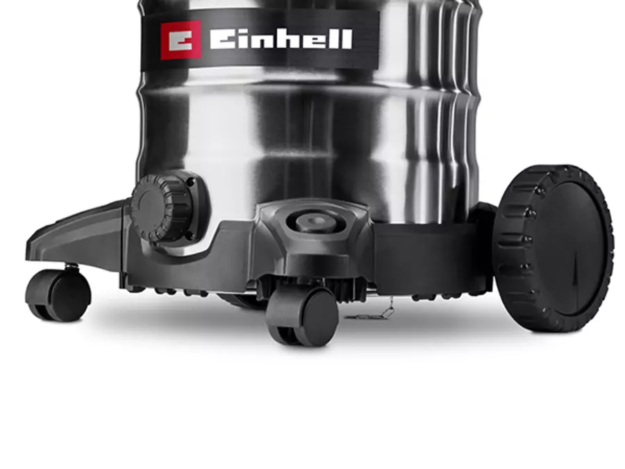 Side view of the robust wheels and large rear wheels of the Einhell wet/dry vacuum cleaner TC-VC 3055 SA.