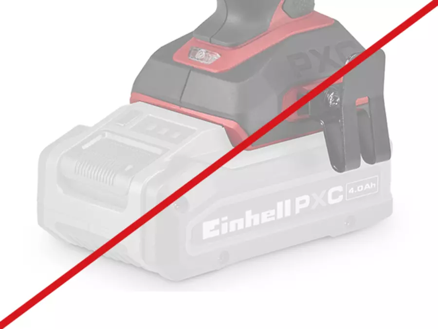 Gray representation of a battery crossed out by a red line: The Einhell Professional cordless drill TP-CD 18/50-C Li BL is supplied without battery.