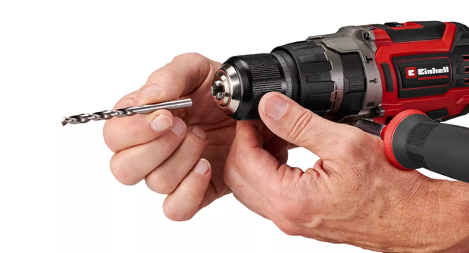 The Einhell cordless impact drill TP-CD 18/70 Li-i BL with a drill bit clamped in the robust metal drill chuck.