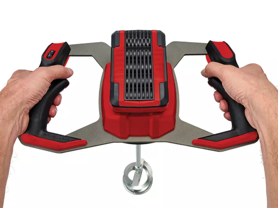 Der Einhell Akku-Farb-/Mörtelrührer TP-MX 18-2 Li BL von oben mit ergonomisch geformten Griffen.