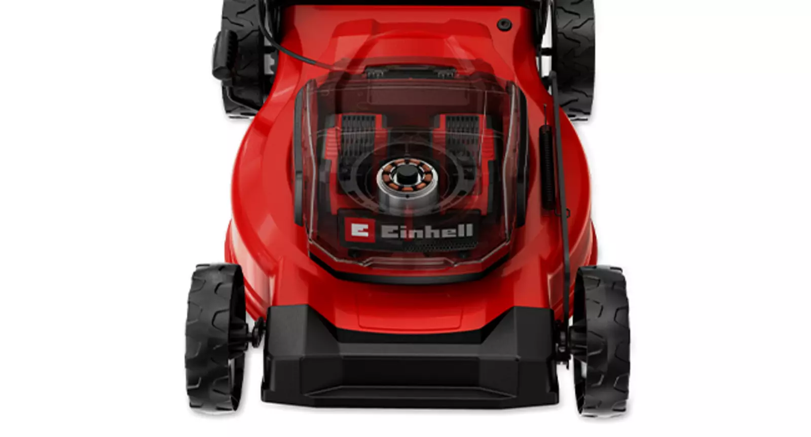 Top view of the Einhell cordless lawn mower GC-CM 36/46 S Li BL (2x 4.0 Ah), showing the battery compartment and housing.