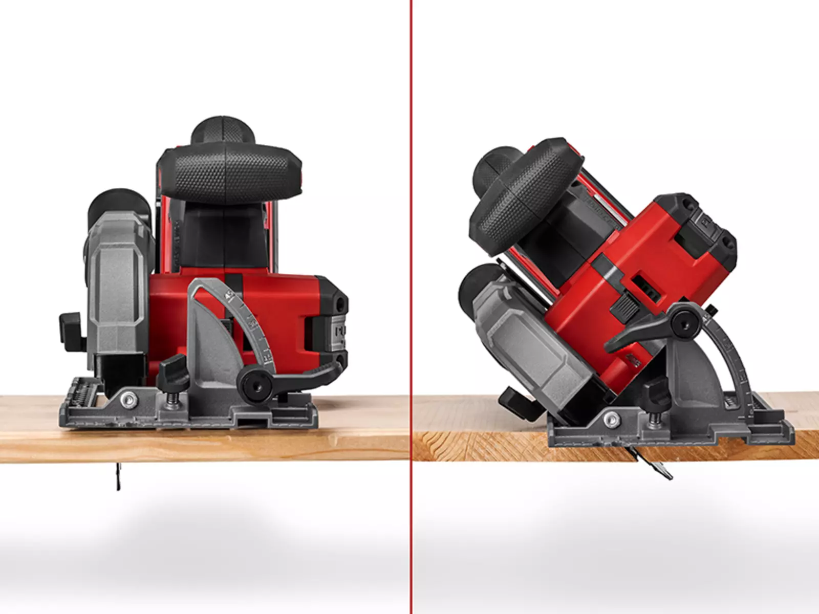 Zweigeteiltes Bild der Einhell Akku-Handkreissäge TP-CS 18/136-C Li BL - Solo auf Holzbrett; links in gerader Schnitteinstellung, rechts mit geneigtem Schnittwinkel.