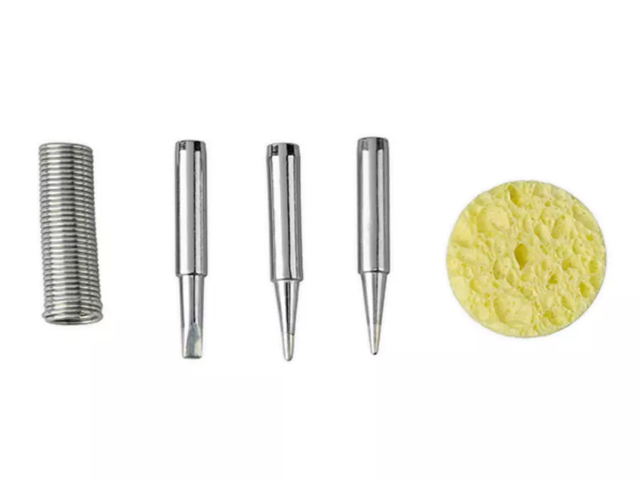 Accessories for the Einhell cordless soldering iron TE-SI 18/480 Li E - Solo: three soldering tips, one solder holder, and one cleaning sponge.