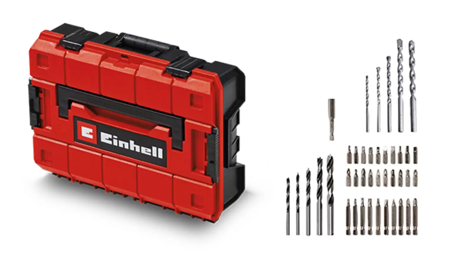 Ein rotes E-Case S-F mit Einhell-Logo. Daneben ein 41-teiliges Zubehör-Set mit Bohrern für Holz und Stein, Bit-Adapter und kurzen sowie langen Bits.