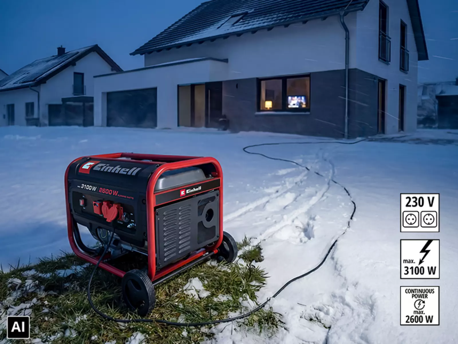 El generador Einhell TC-PG 3100 está en la nieve frente a una casa con cable; indicaciones “230 V”, “max. 3100 W”, “Continuous Power max. 2600 W”.