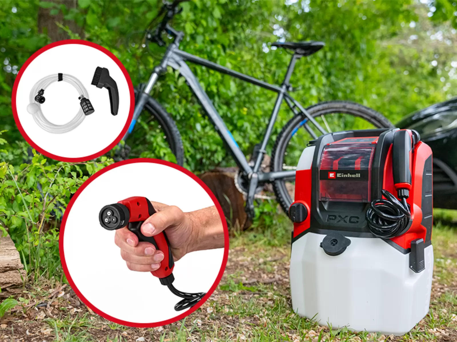 The Einhell cordless pressure cleaner TE-HP 18/10 Li D-Solo stands in front of a bicycle outdoors. Two insets show accessories and the 3-in-1 nozzle held in a hand.