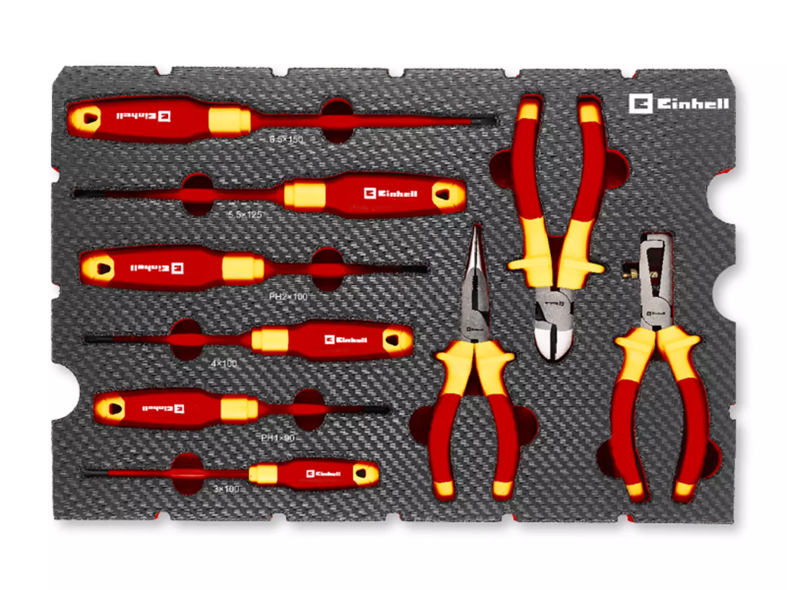 Top view of a black Einhell tool pad with insulated red-yellow screwdrivers and pliers, carefully arranged and labelled with size markings.