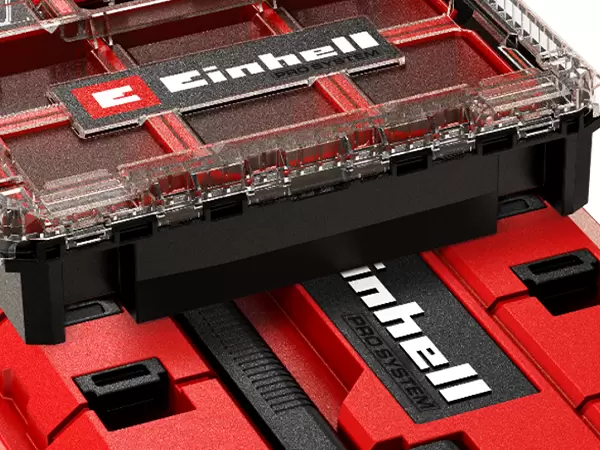 Top view of the Einhell Pro System Drawer with the organiser compartment on the lid securely locked.
