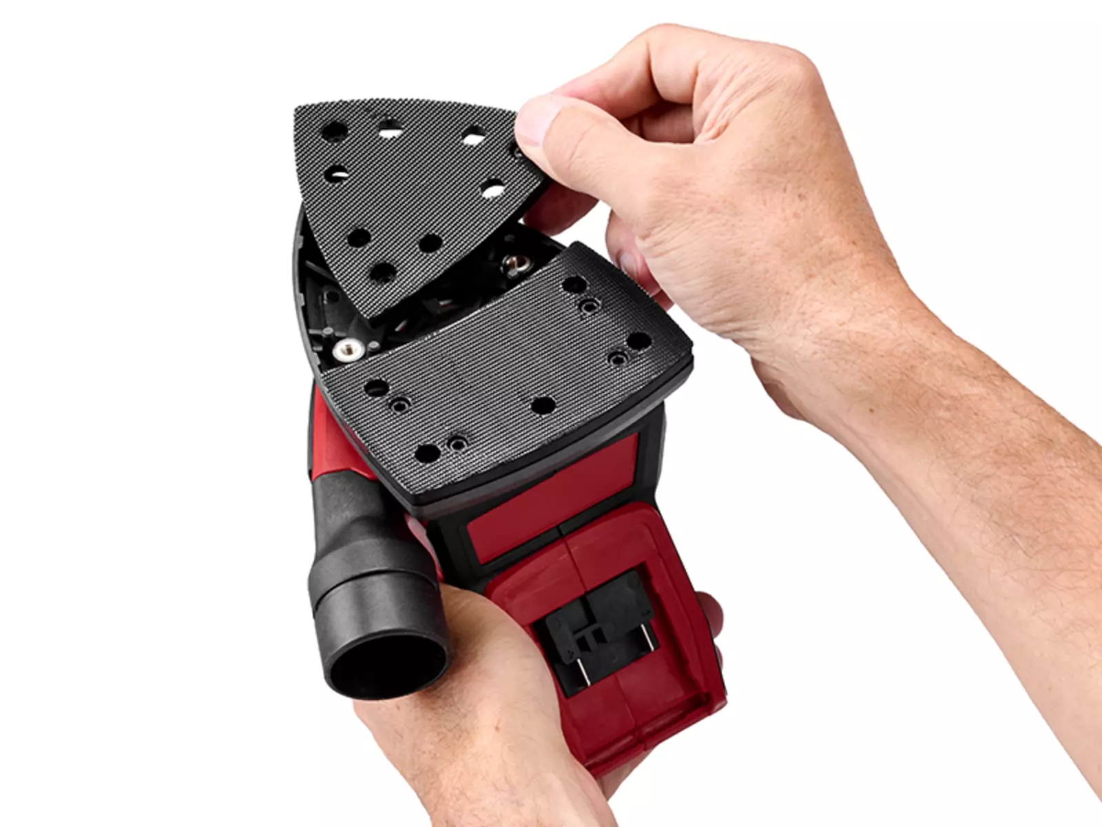 The Einhell cordless multi sander TE-OS 18/150-2 Li with rotating sanding tip and removed sanding plate held in hand.