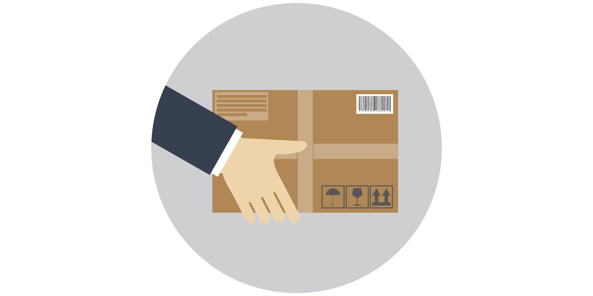 Icon of a hand holding a parcel, representing the sending or receiving of a spare part.