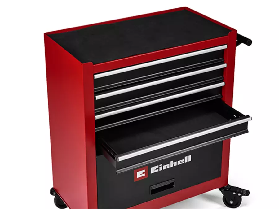 Schrägansicht des Einhell Werkstattwagens TC-TW 100 mit geöffneten vier Schubladen.