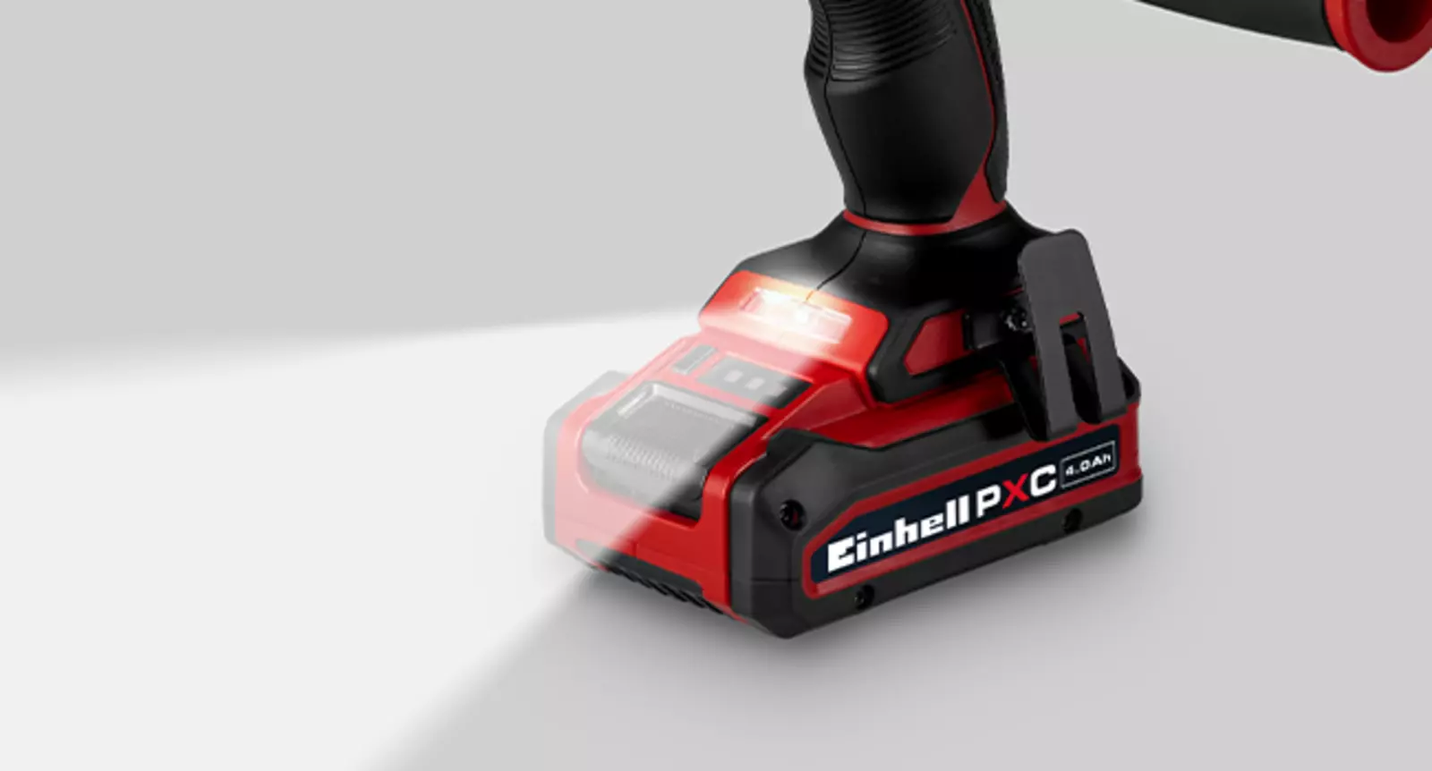 Built-in LED light on the Einhell cordless impact drill TP-CD 18/70 Li-i BL for better visibility of the work surface.