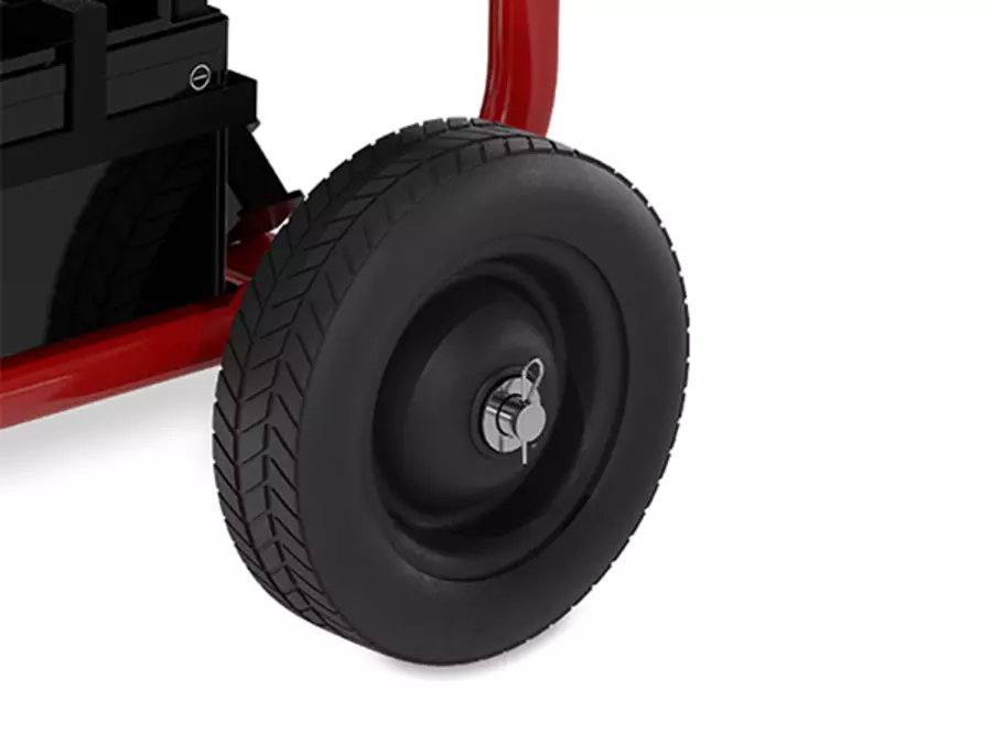 Close-up of a solid rubber wheel on the Einhell TC-PG 6700 generator against a white background.