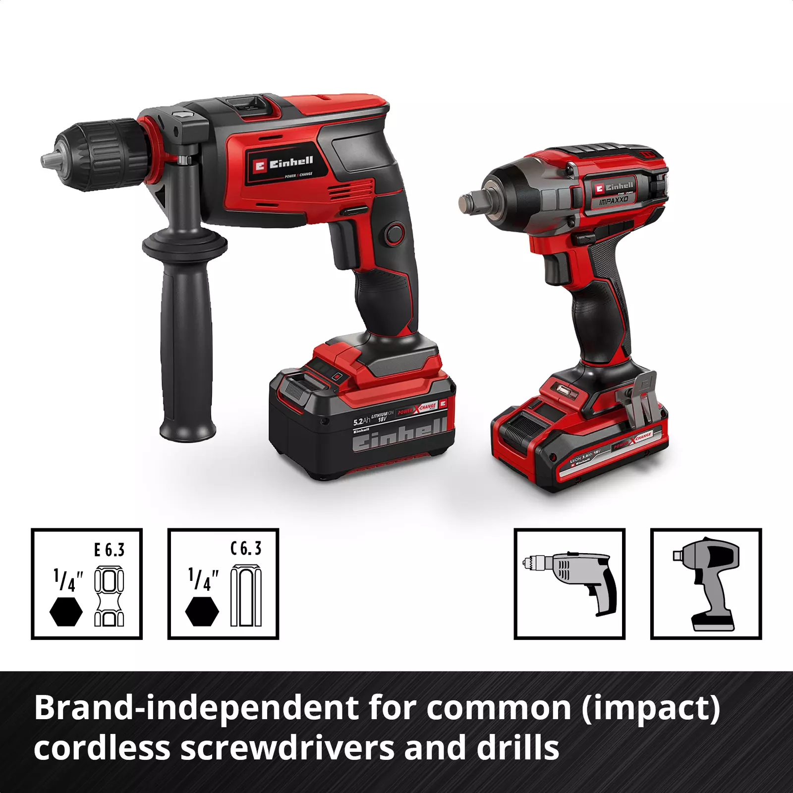 The image shows two cordless Einhell machines (drill on the left, impact driver on the right) in red and black, photographed diagonally from the front, with four black pictograms below illustrating the tool holders and applications.