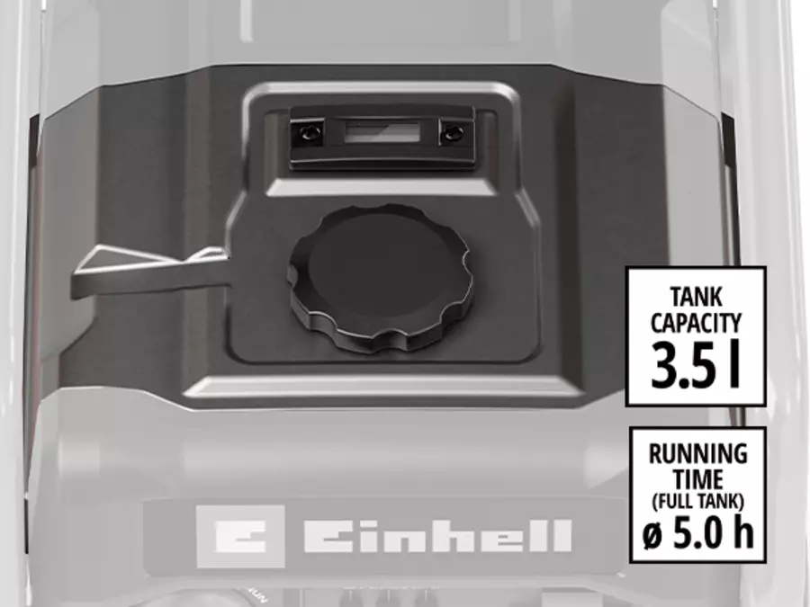 Detalhe do tanque de combustível do gerador Einhell TC-IG 1200 com tampa e indicações “3,5 l” e “5,0 h”.