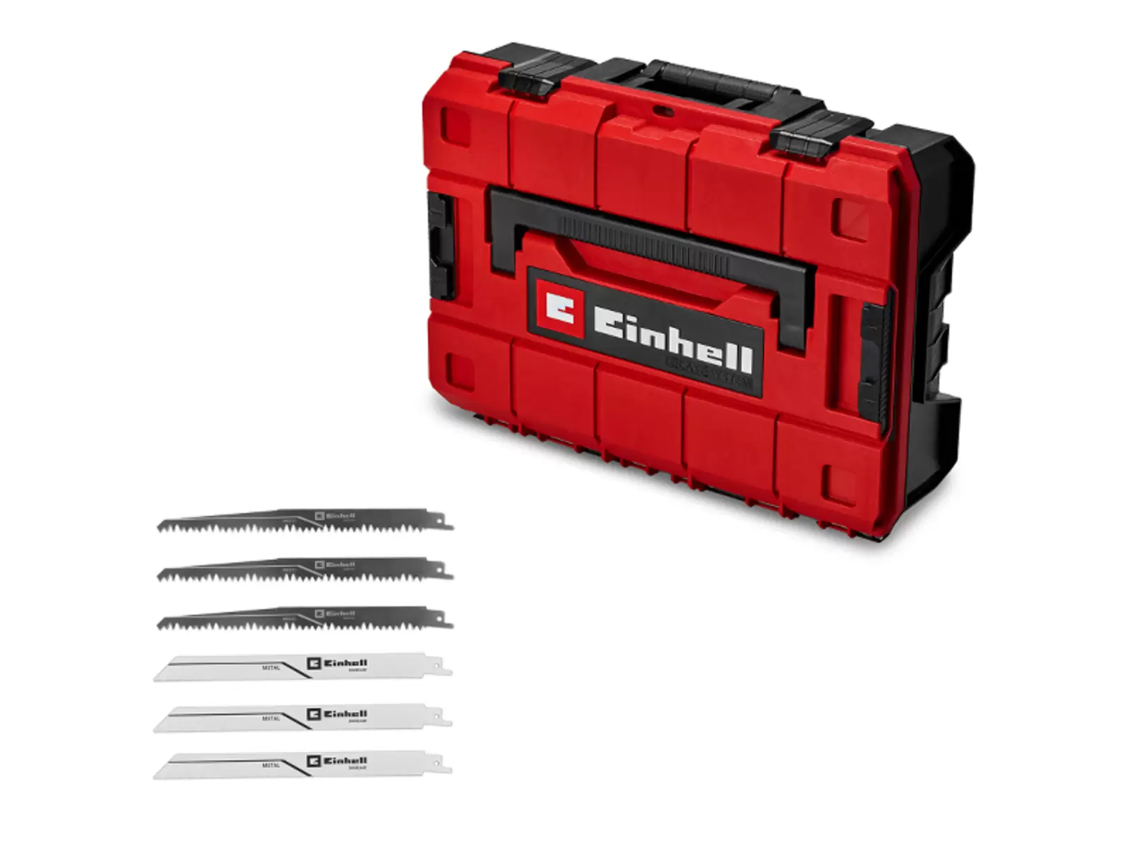Die Einhell Akku-Universalsäge TP-APD 18/321 Li BL +6 S-F im roten Transportkoffer mit sechs Sägeblättern.