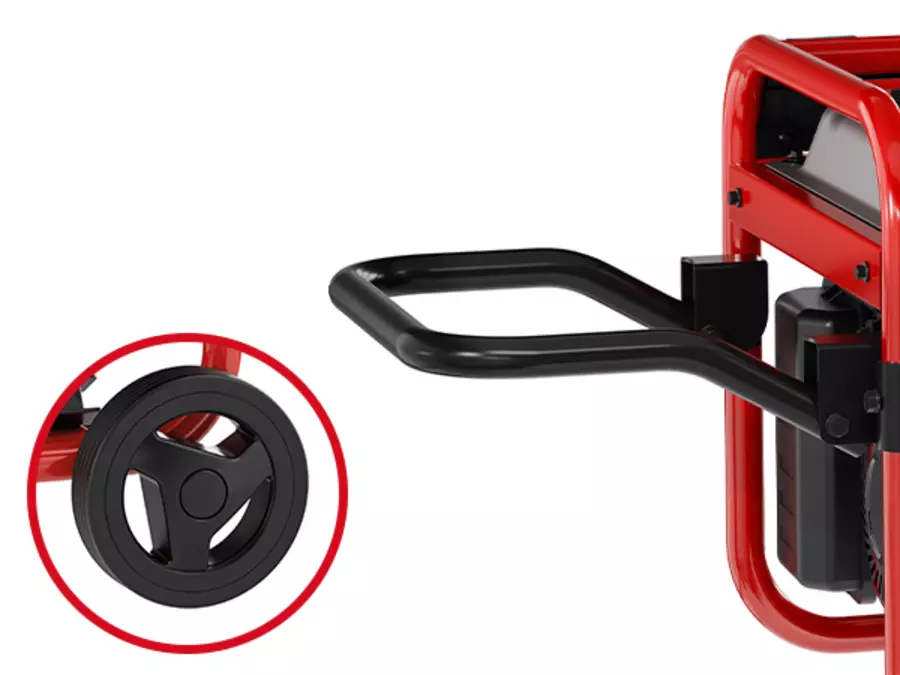 Detalle del generador Einhell TC-PG 3100 con ruedas y asa para el transporte.