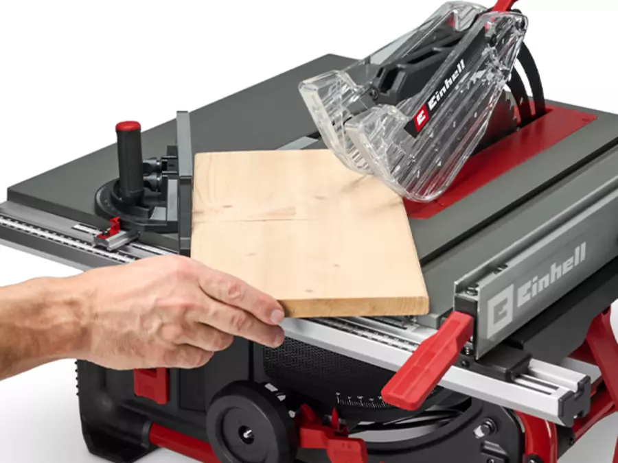 The Einhell table saw TE-TS 10 T in use with the angle stop in place.