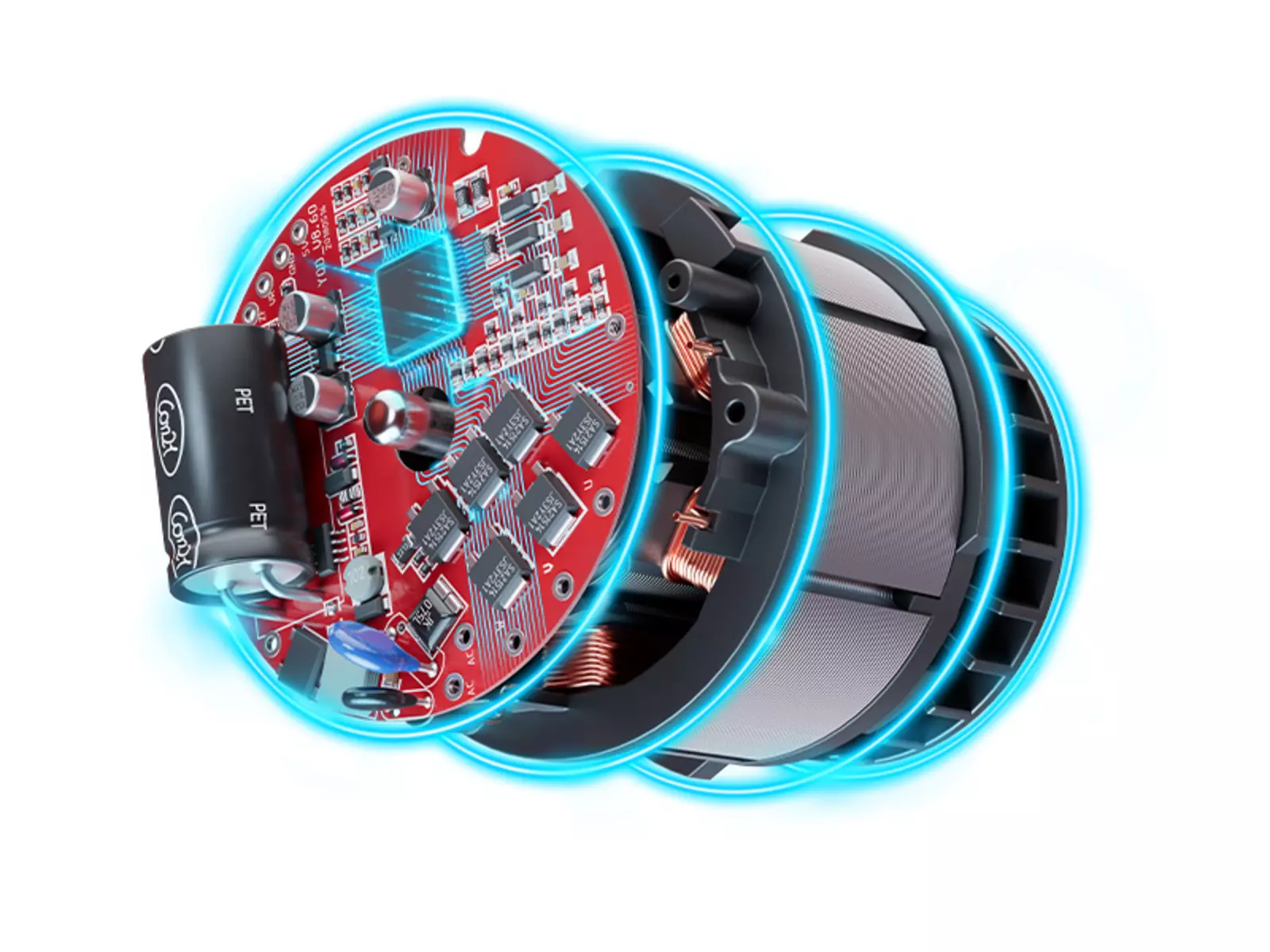 Graphical representation of a brushless motor with visible red circuit board and copper coils in cross-section.