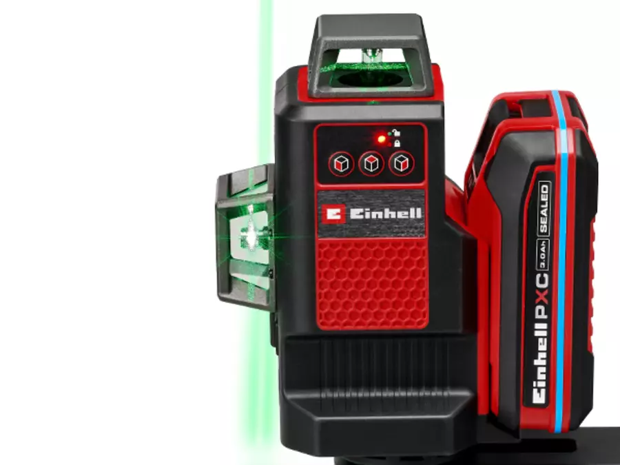 Close-up of the Einhell cordless cross line laser TE-LL 18/360 G with a green laser line.
