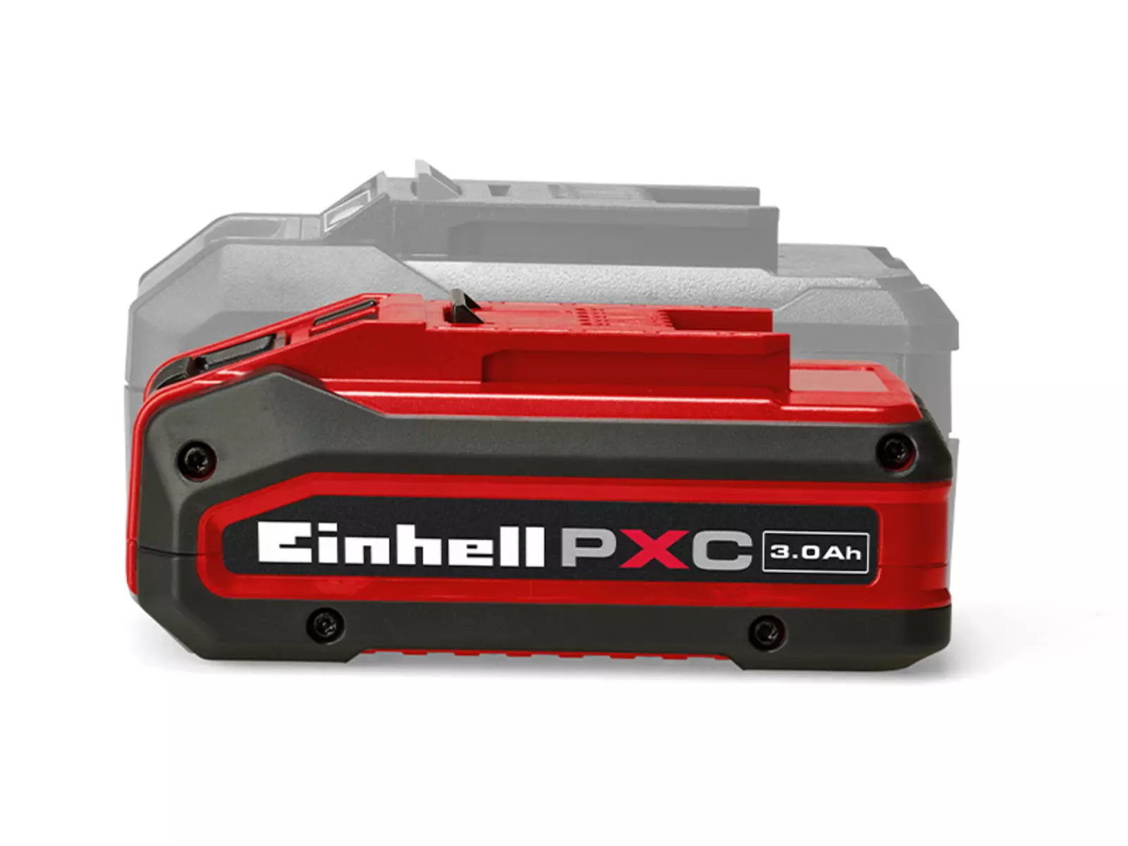 Ein Einhell Power X-Change Plus Akku ist vollständig sichtbar, dahinter in Graustufen ein größerer Akku – als Vergleich zur kompakteren Bauweise des Plus-Modells.